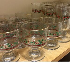 Vintage Christmas Holly Ribbon Glasses Set of 8 Goblets and 9 Holly footed mugs